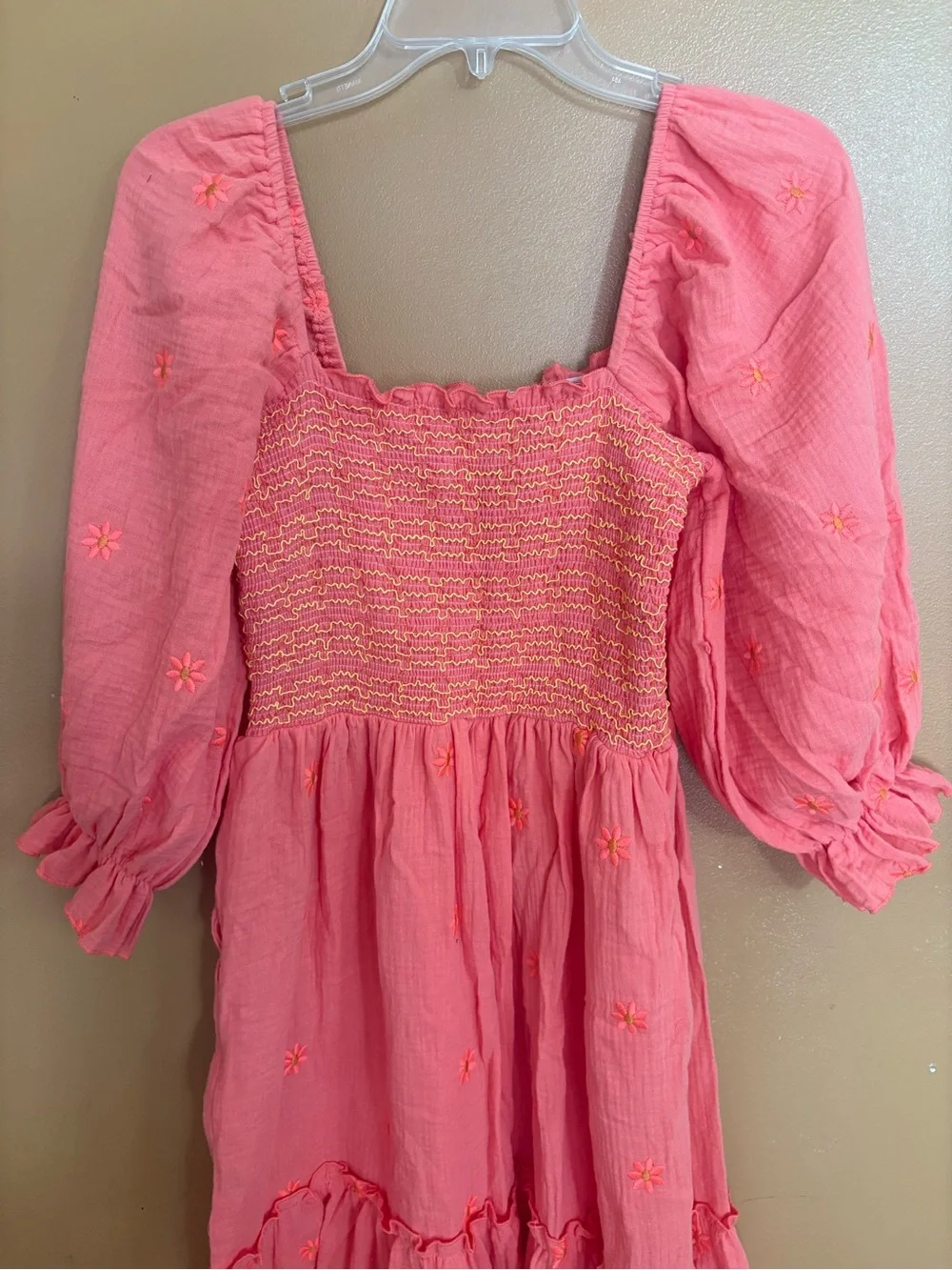 Coral Pink Smocked Midi Dress with Puff Sleeves